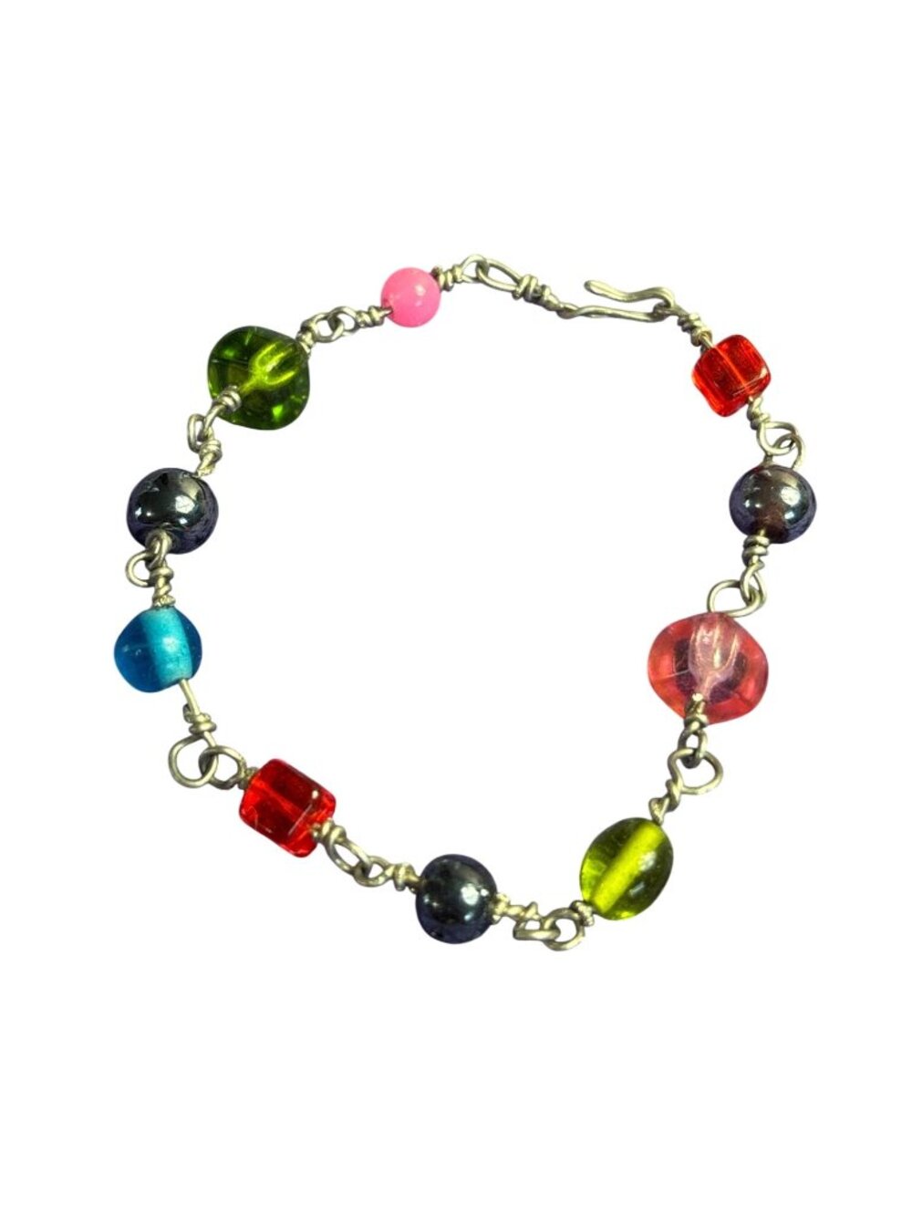 Artisan Colorful Glass Beaded Silvertone Wire Chain Bracelet Hook Clasp 7.25 in